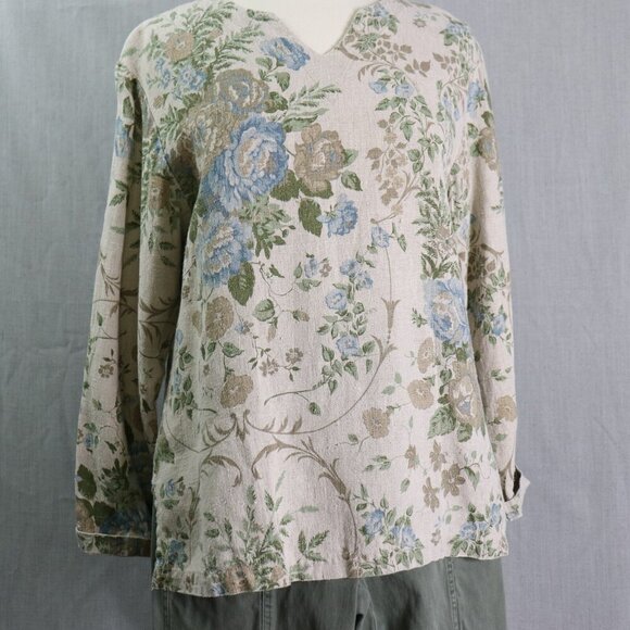 VTG Mishi Linen Tunic Top Women’s *L Floral V-Neck Boho Cottagecore Lagonlook - Picture 1 of 16